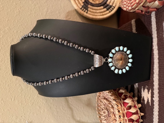 Leonard Platero Blue Water Turquoise Morgan Silver Dollar Pendant