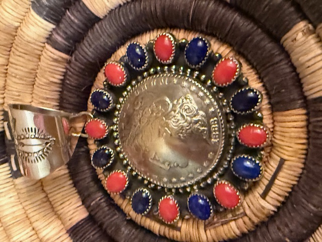Leonard Platero Red Coral and Lapis  Morgan Silver Dollar Pendant