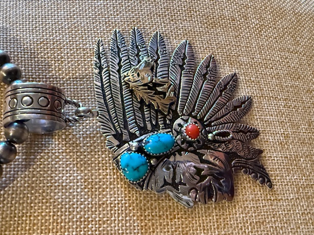 Richard Singer Sterling Silver Turquoise and Coral Chief Pendant
